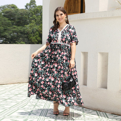 Plus Size V neck Printed Dress Lace Stitching Loose Floral Dress Beach Vacation Beach Dress Black Flower