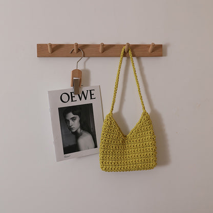 Single Shoulder Cotton Thread Woven Bag Solid Color Single Shoulder Women Bag Casual Underarm Bag Vacation Beach Bag One Size Color V-Shaped Yellow