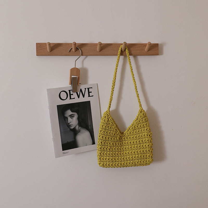 Single Shoulder Cotton Thread Woven Bag Solid Color Single Shoulder Women Bag Casual Underarm Bag Vacation Beach Bag One Size Color V-Shaped Yellow