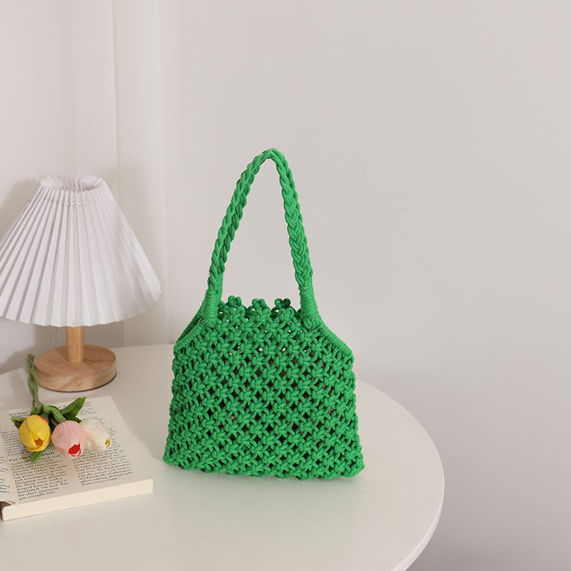 Hollow Out Cutout Cotton Thread Woven Bag Summer Cotton String Women Bag Portable Solid Color Straw Bag Vacation Beach Bag One Size Oblique Small Cotton Thread Green