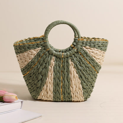 Golden Silk Thread Portable Straw Weaved Bag Large Capacity Tote Vegetable Basket Bag Vacation Beach Bag Hand Carrying Woven Bag One Size Green Rice