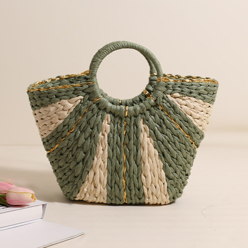 Golden Silk Thread Portable Straw Weaved Bag Large Capacity Tote Vegetable Basket Bag Vacation Beach Bag Hand Carrying Woven Bag One Size Green Rice