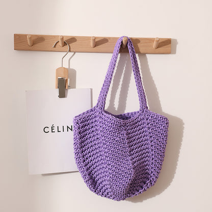 South Korea Vintage Shoulder Cotton Thread Woven Bag Crochet Handbag Straw Bag Vacation Beach Bag One Size Cotton Thread Carambola Purple Belt Magnetic Snap