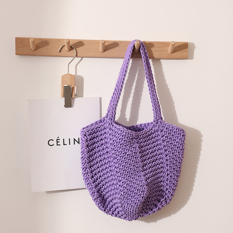 South Korea Vintage Shoulder Cotton Thread Woven Bag Crochet Handbag Straw Bag Vacation Beach Bag One Size Cotton Thread Carambola Purple Belt Magnetic Snap