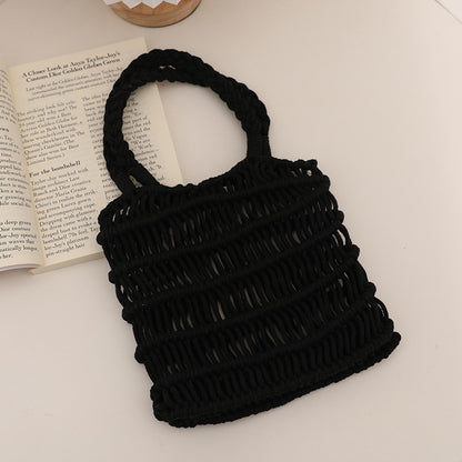 Fresh Hollow Out Cutout Cotton Thread Woven Bag Summer Idle Mesh Straw Bag Women Bag Seaside Vacation Beach Bag One Size Small Wave Black
