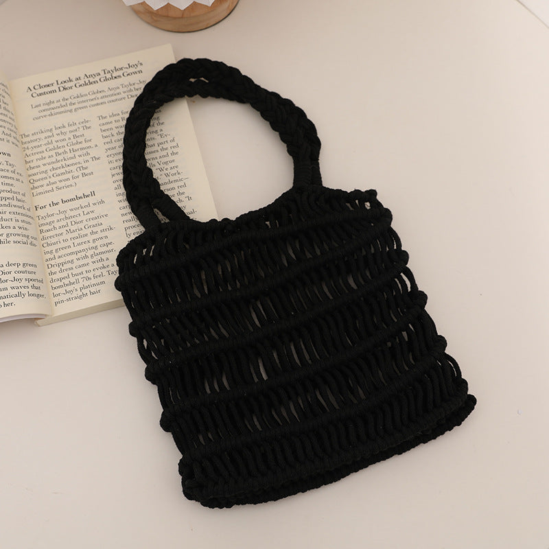 Fresh Hollow Out Cutout Cotton Thread Woven Bag Summer Idle Mesh Straw Bag Women Bag Seaside Vacation Beach Bag One Size Small Wave Black