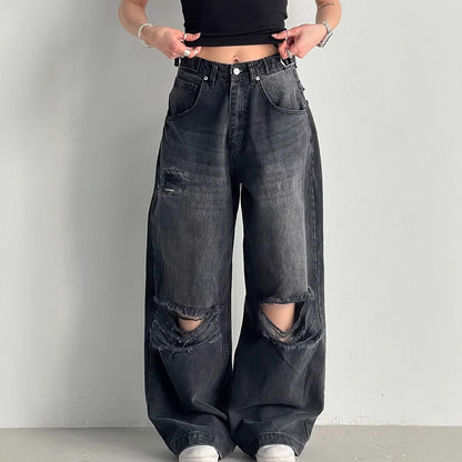 Women Loose Large Ripped Waist Adjustable Wide Leg Denim Trousers