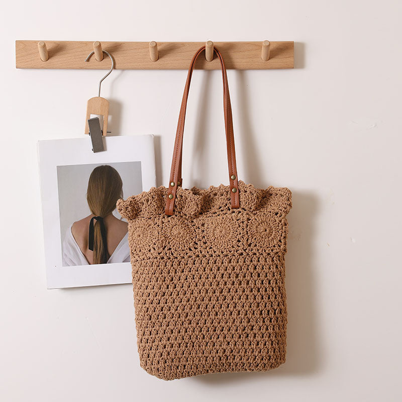 Hollow Out Cutout Floral Single Shoulder Cotton Thread Woven Bag Lace Straw Bag Vacation Beach Bag Office Women Bag One Size Belt Wave Grandma Plaid Coffee
