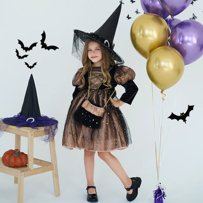 Girls Witch Dress Halloween Costume - Green & Golden Party Outfit Golden