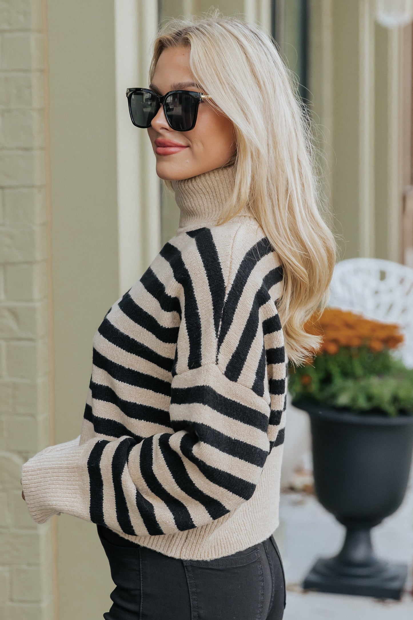 Beige and Black Striped Turtleneck Sweater-FINAL SALE