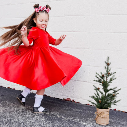 VELVET MID SLEEVE TWIRL- Ruby Red Stretch Velvet Twirl Dress