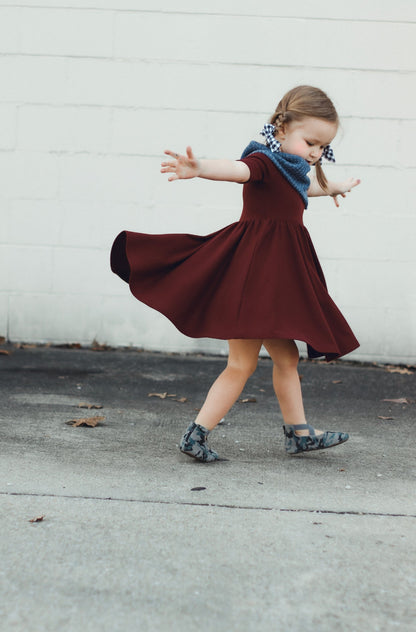 MID SLEEVE TWIRL DRESS- Black Cherry Ribbed