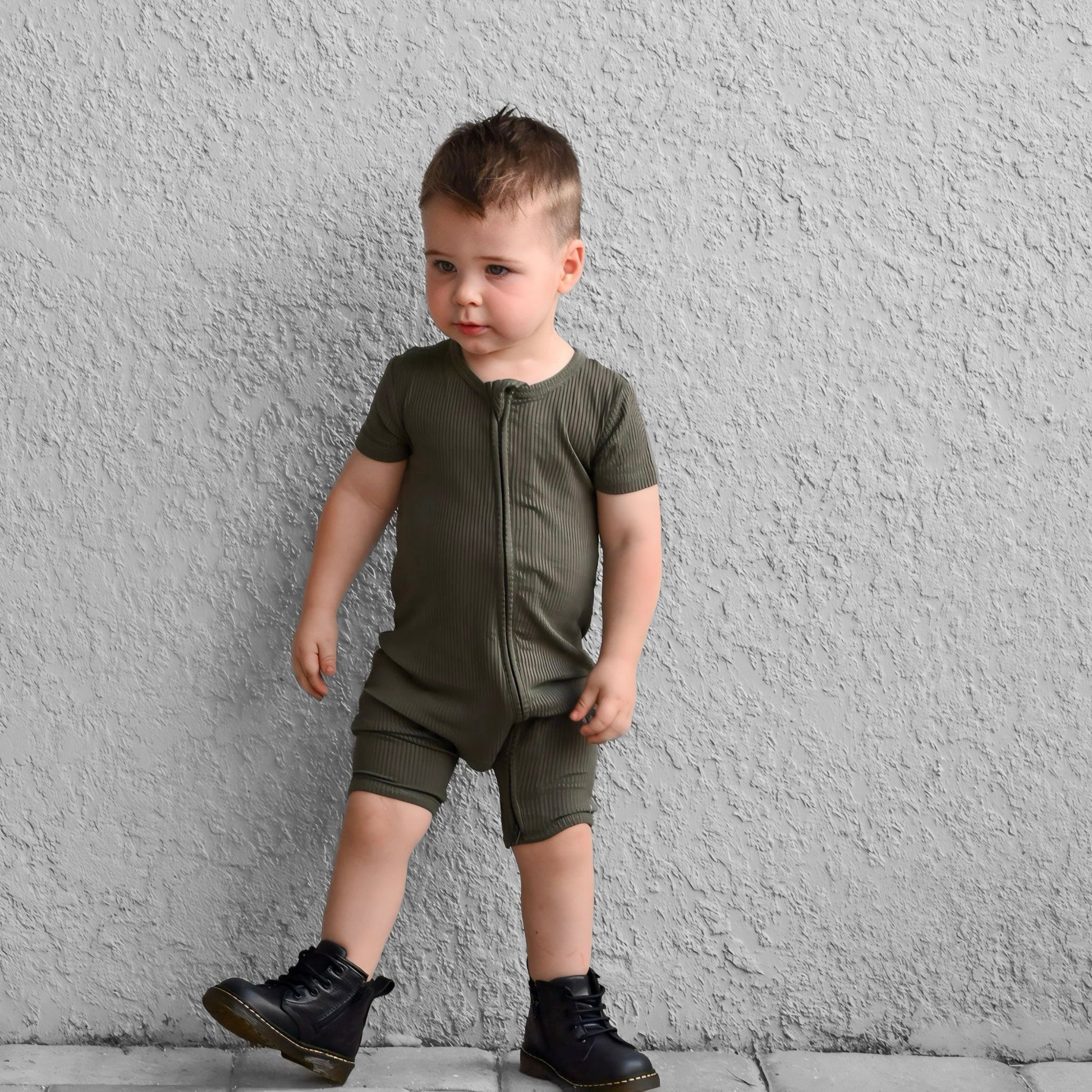 SHORTIE ZIP ROMPER - Moss Ribbed