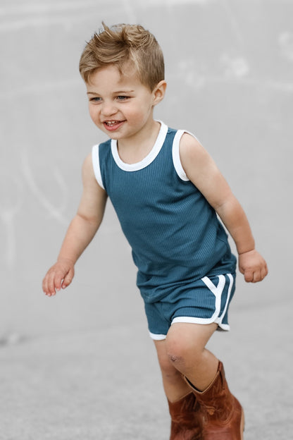 TRACK SHORTS SET- Bamboo Rib Peacock