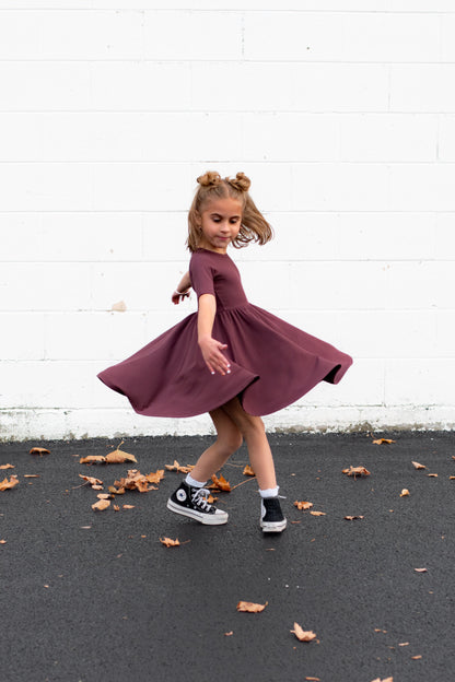 MID SLEEVE TWIRL DRESS- Black Cherry Ribbed