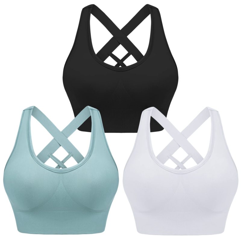 Women's Four Season Solid Nylon Sports Bra - Cross Strap Design Black+white+blue
