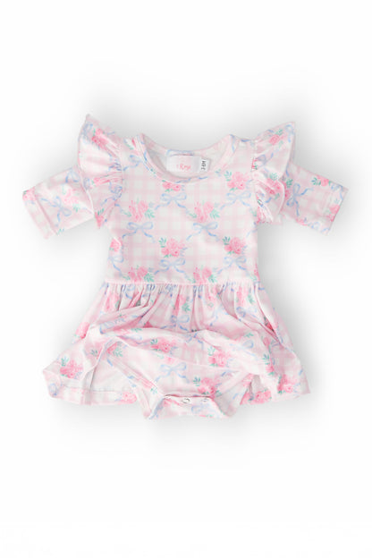 Ribbons & Roses 3/4 Sleeve Flutter Twirl Bodysuit