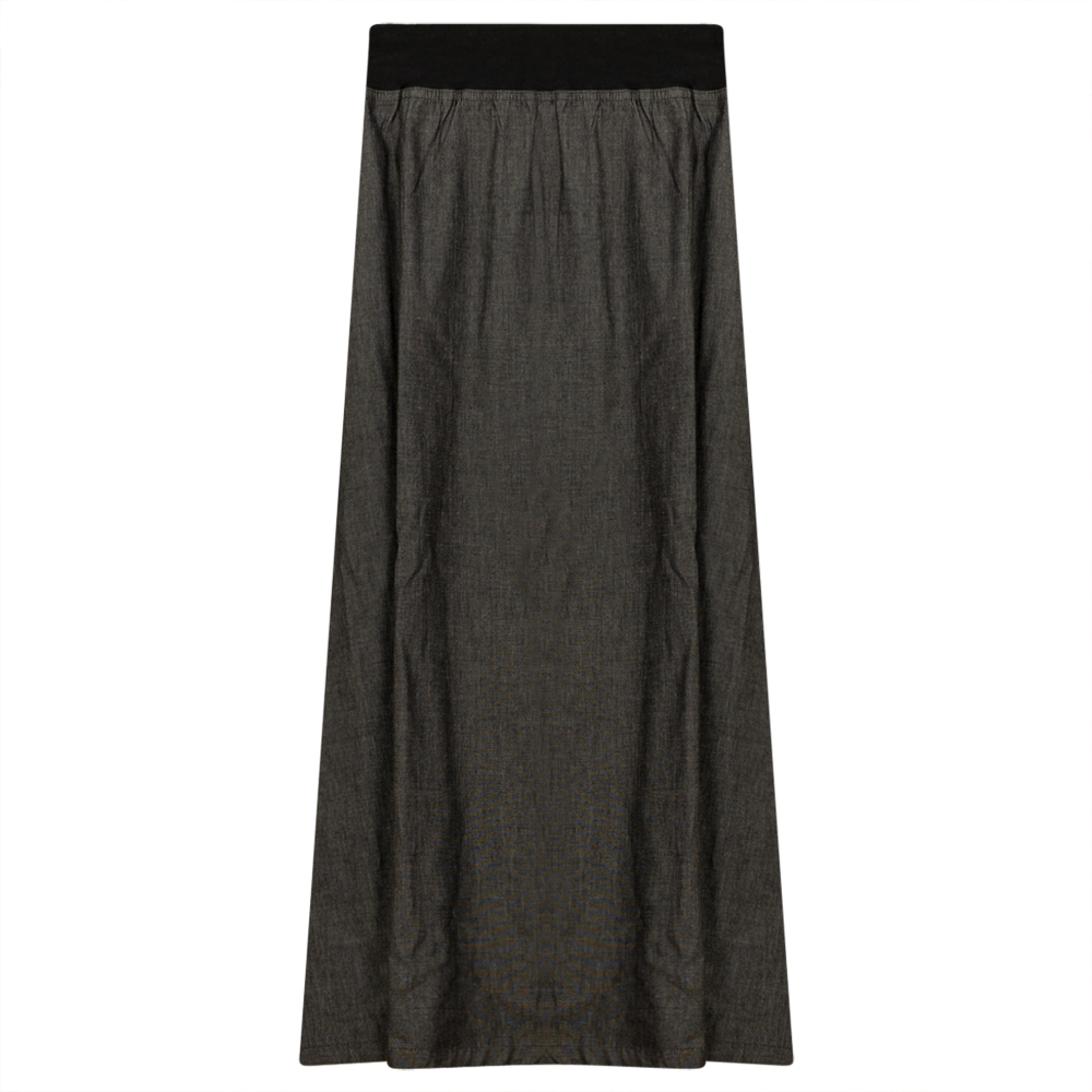 Long Cotton Skirt With Ribbed Elastic Waistband Black Denim