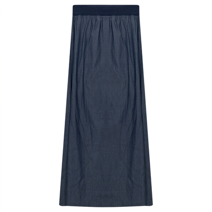 Long Cotton Skirt With Ribbed Elastic Waistband Dark Blue