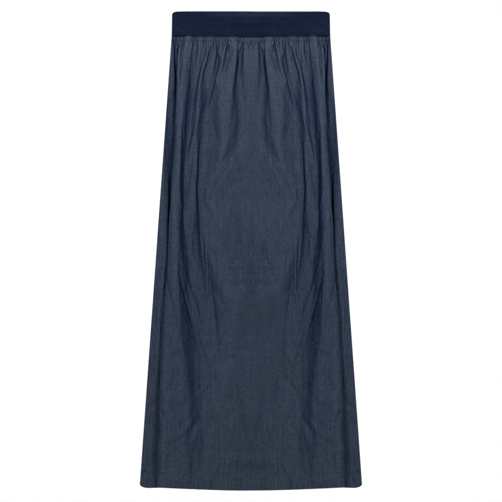 Long Cotton Skirt With Ribbed Elastic Waistband Dark Blue