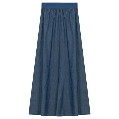 Long Cotton Skirt With Ribbed Elastic Waistband Medium Blue - 8