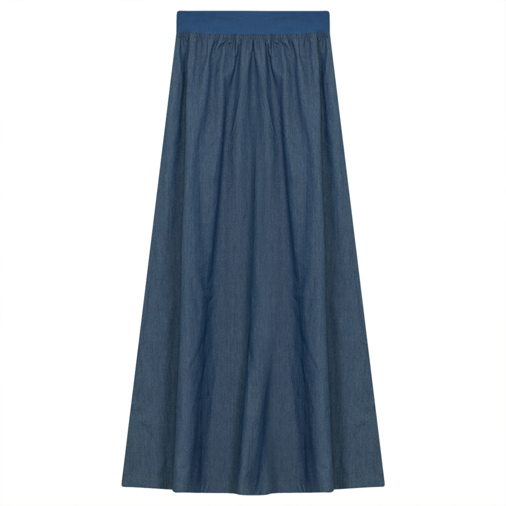 Long Cotton Skirt With Ribbed Elastic Waistband Medium Blue - 8