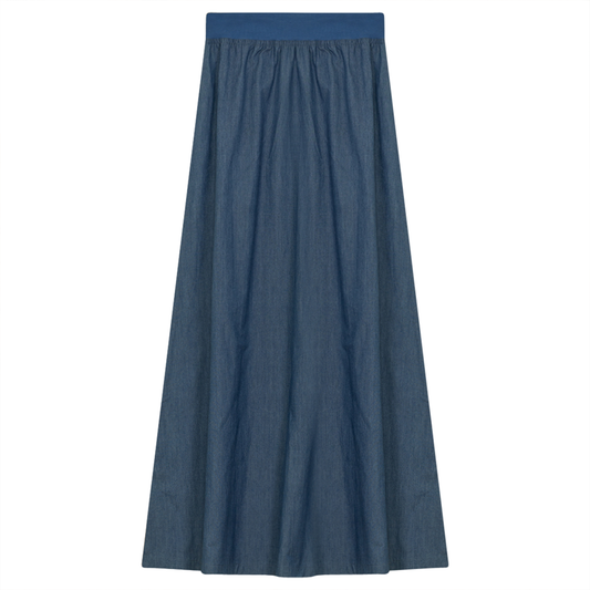 Long Cotton Skirt With Ribbed Elastic Waistband Medium Blue - 8