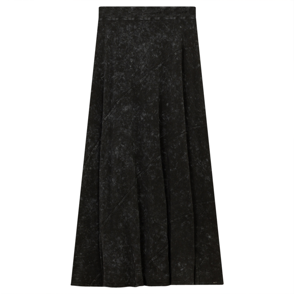 Ladies Long Denim Wash Skirt With Diagonal Cuts Black Wash