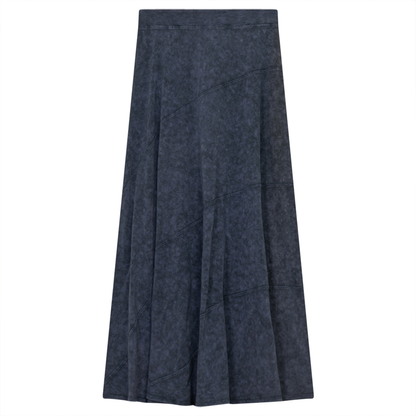 Ladies Long Denim Wash Skirt With Diagonal Cuts Dark Denim Wash