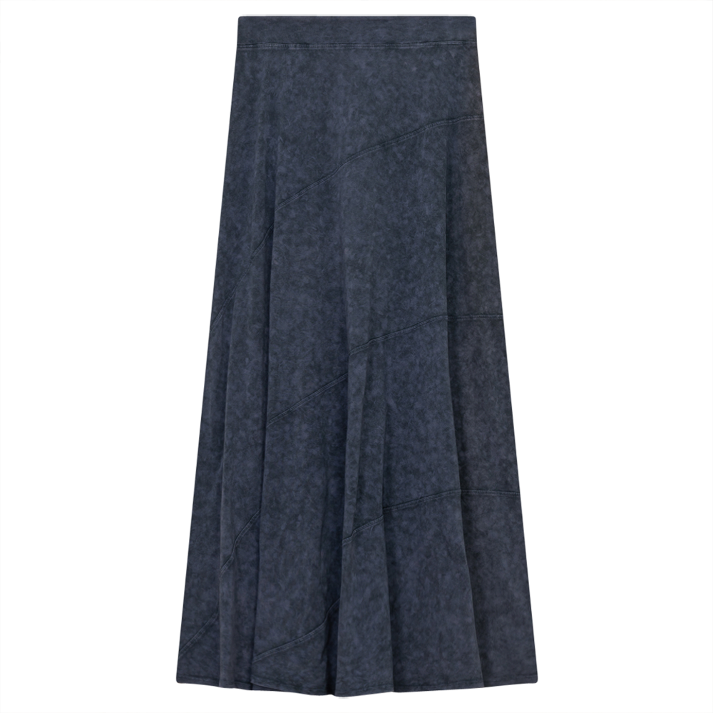 Ladies Long Denim Wash Skirt With Diagonal Cuts Dark Denim Wash