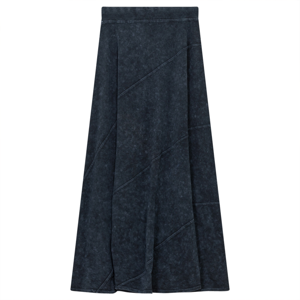 Ladies Long Denim Wash Skirt With Diagonal Cuts Denim Wash