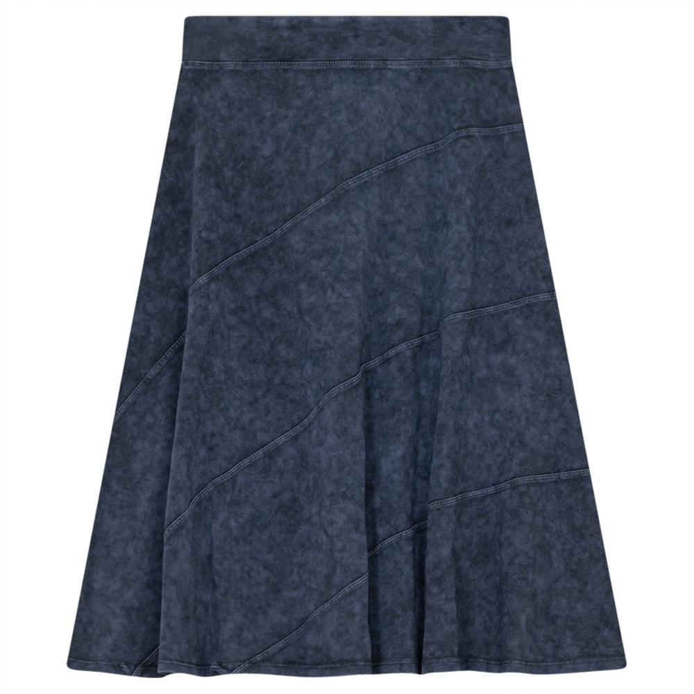 Ladies Short Denim Wash Skirt With Diagonal Cuts Dark Denim Wash
