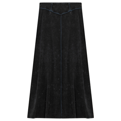 Ladies Long Denim Wash Skirt With Seam Down The Center Black Denim Wash