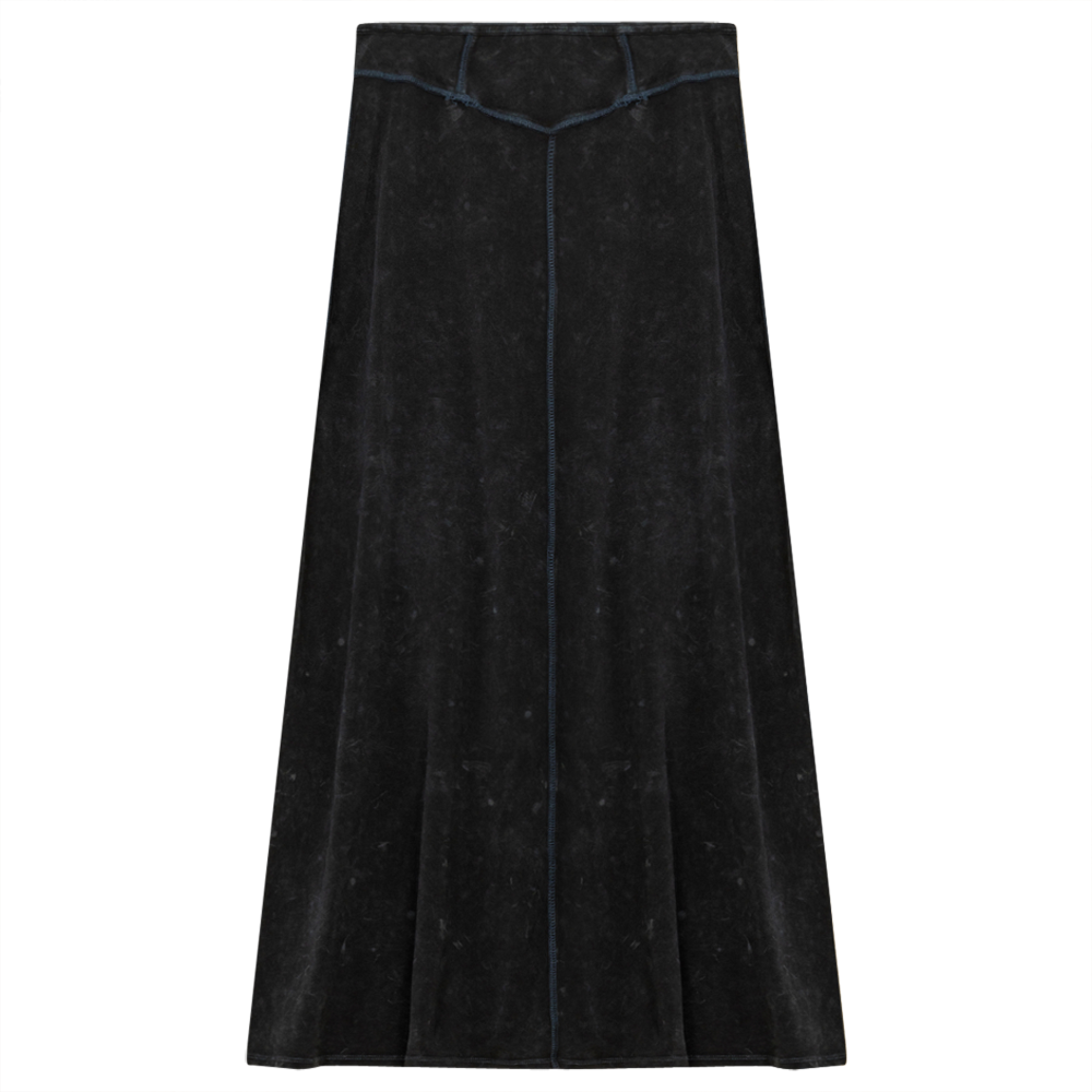 Ladies Long Denim Wash Skirt With Seam Down The Center Black Denim Wash