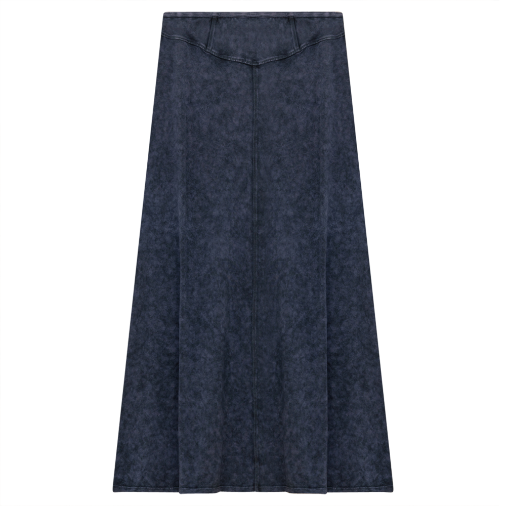 Ladies Long Denim Wash Skirt With Seam Down The Center Dark Denim Wash