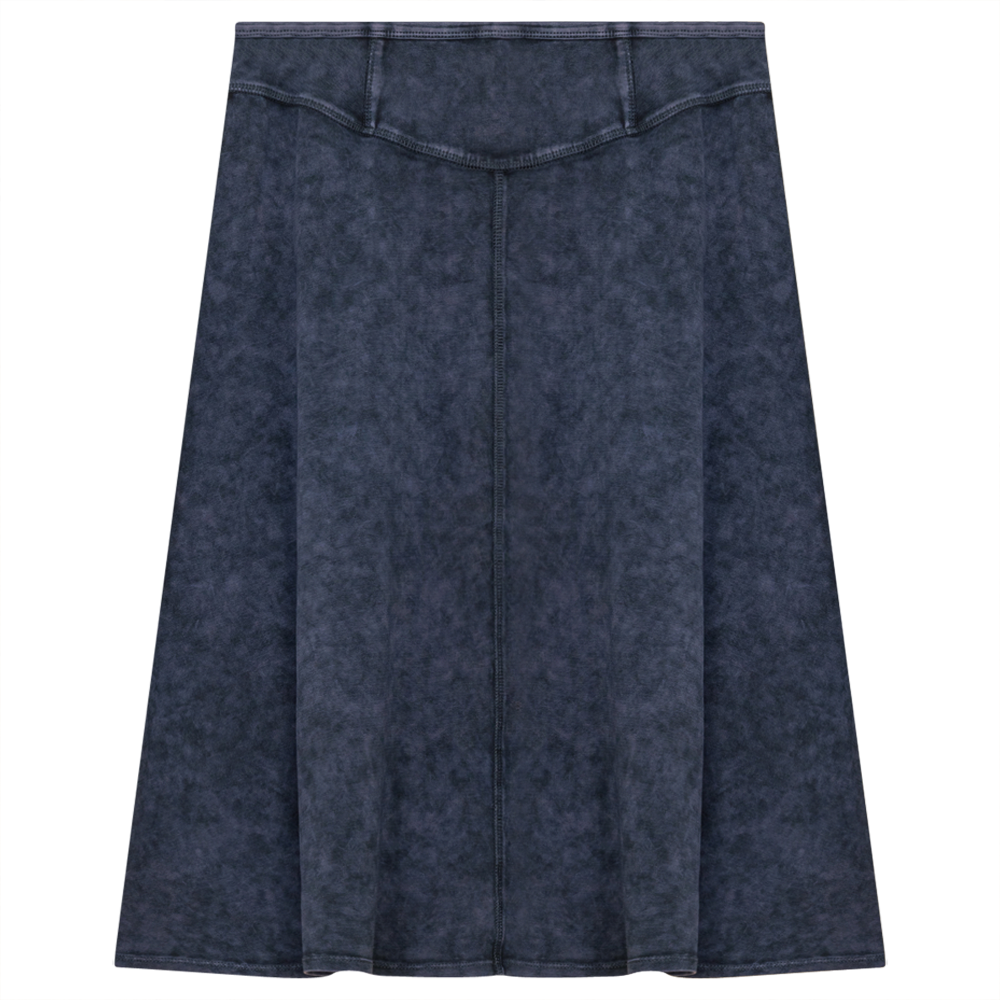 Ladies Short Denim Wash Skirt With Seam Down The Center Dark Denim Wash