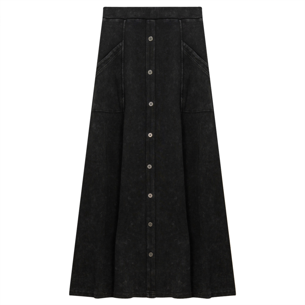 Ladies Button Down Denim Wash Rib Long Skirt