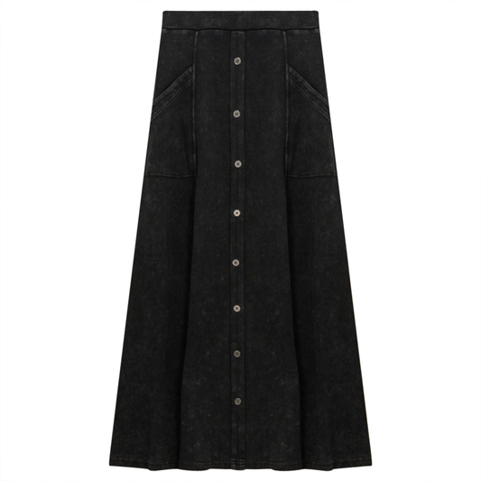 Ladies Button Down Denim Wash Rib Long Skirt