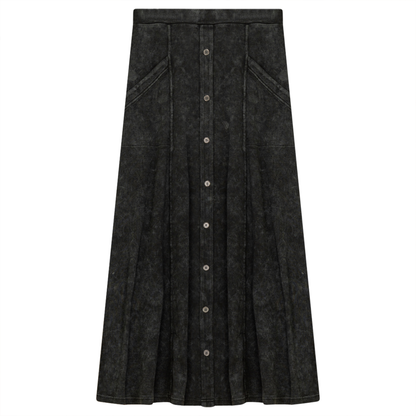 Ladies Button Down Denim Wash Rib Long Skirt Black Wash