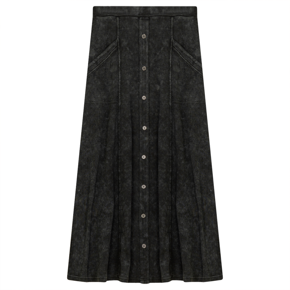 Ladies Button Down Denim Wash Rib Long Skirt Black Wash