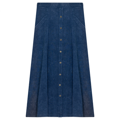 Ladies Button Down Denim Wash Rib Long Skirt Indigo Wash