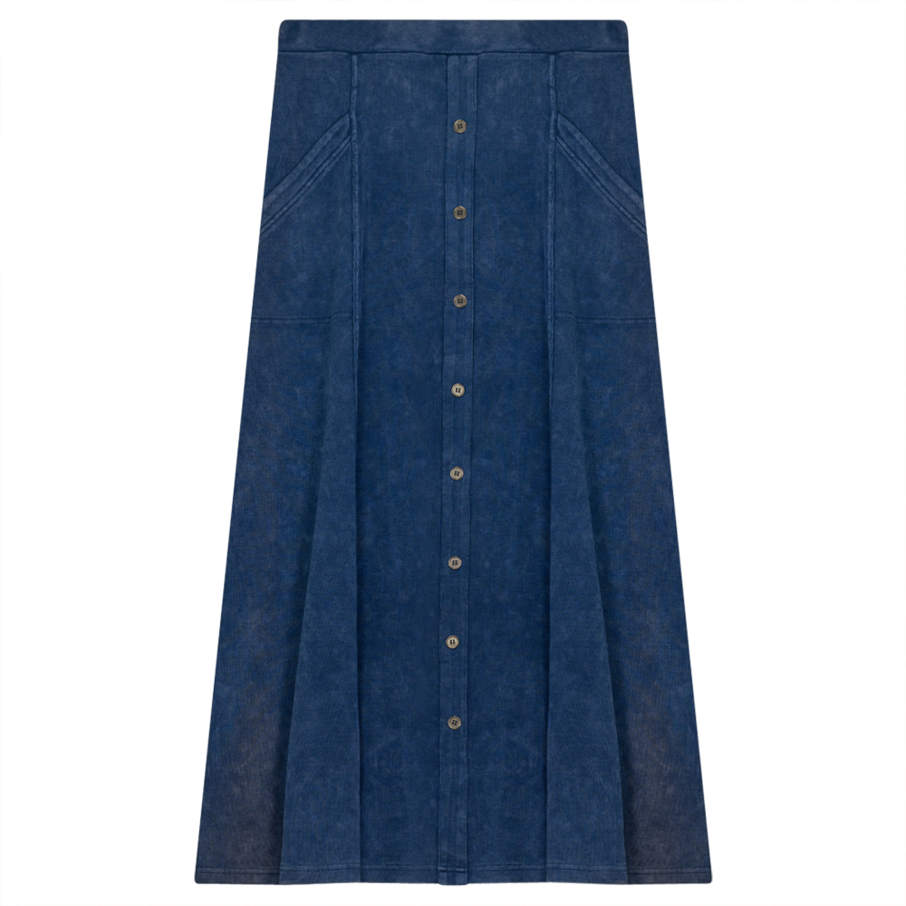 Ladies Button Down Denim Wash Rib Long Skirt Indigo Wash