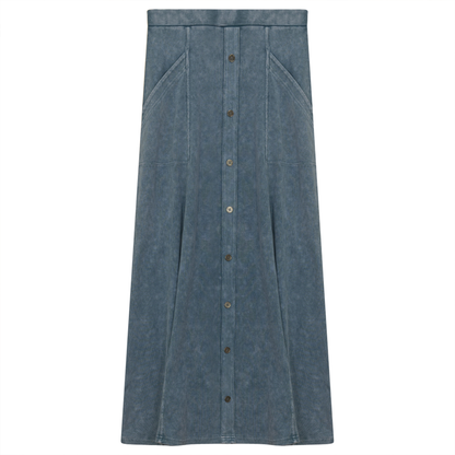 Ladies Button Down Denim Wash Rib Long Skirt Light Denim Wash