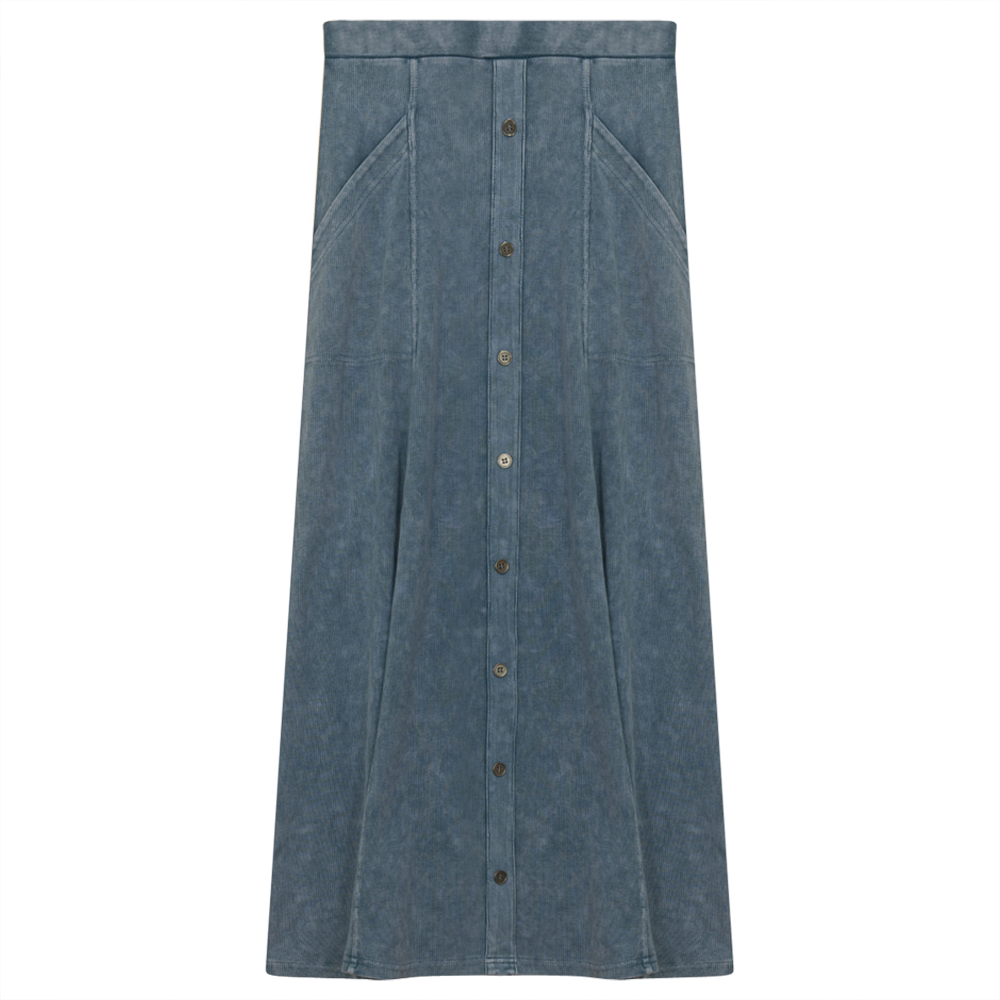 Ladies Button Down Denim Wash Rib Long Skirt Light Denim Wash