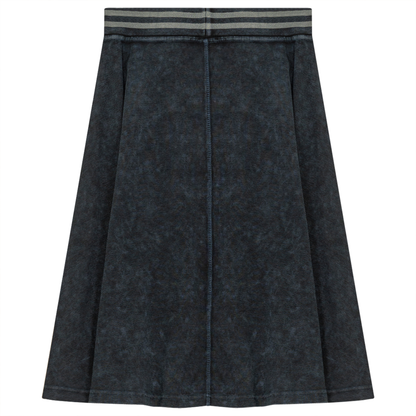 Ladies Denim Rib Short Panel Skirt With Elastic Stripe Waistband Black Denim Wash