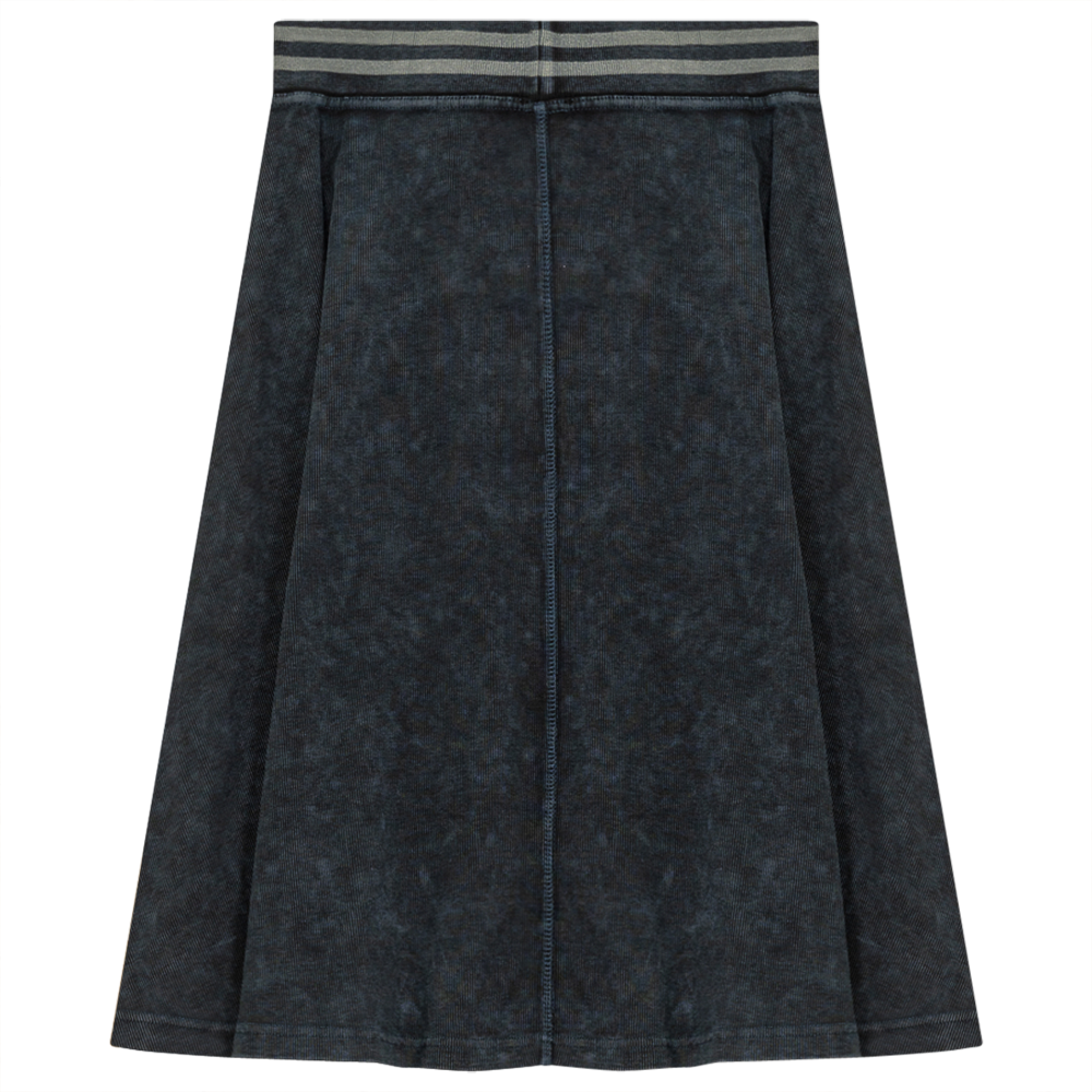 Ladies Denim Rib Short Panel Skirt With Elastic Stripe Waistband Black Denim Wash