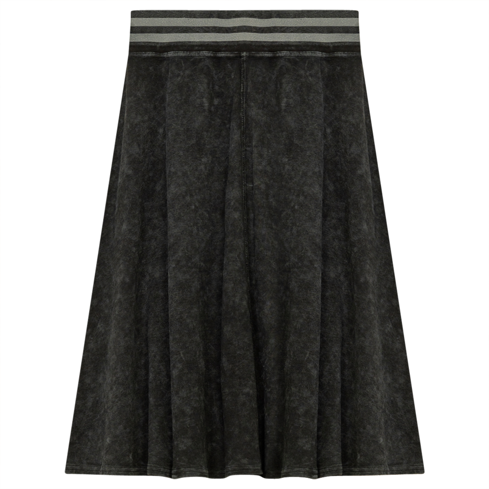 Ladies Denim Rib Short Panel Skirt With Elastic Stripe Waistband Black Wash