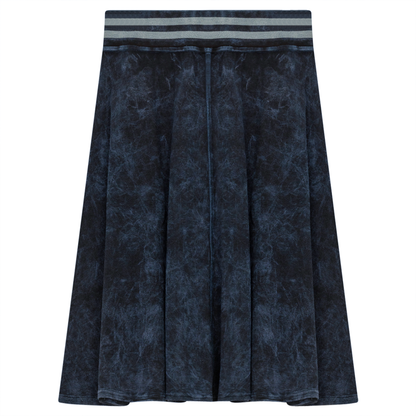 Ladies Denim Rib Short Panel Skirt With Elastic Stripe Waistband Dark Denim Wash
