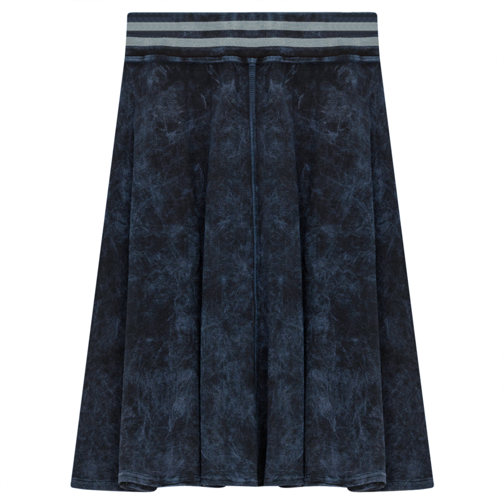 Ladies Denim Rib Short Panel Skirt With Elastic Stripe Waistband Dark Denim Wash