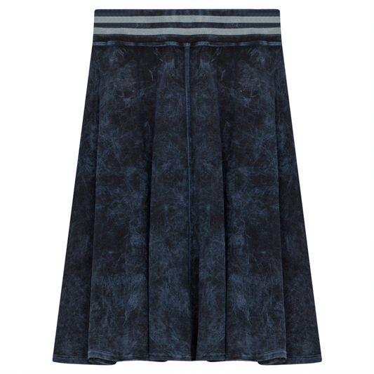 Ladies Denim Rib Short Panel Skirt With Elastic Stripe Waistband Dark Denim Wash